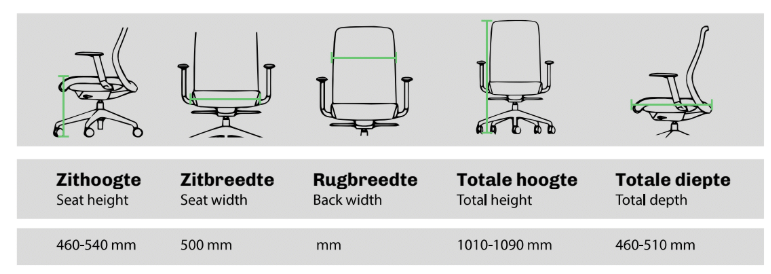 details bureaustoel Nova wat betreft afmetingen