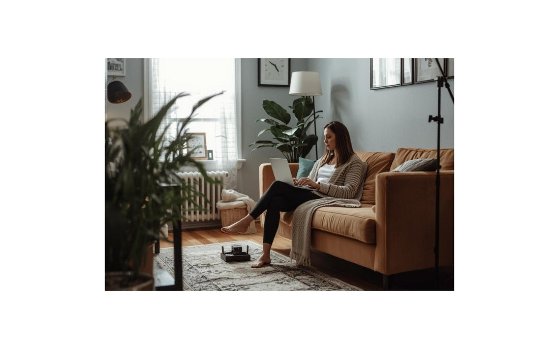 vrouw aan het werk achter laptop op bank in woonkamer