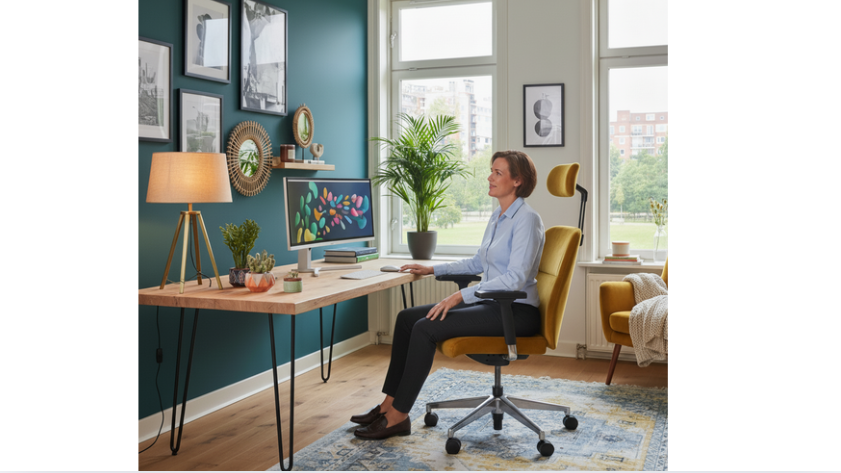 vrouw aan het werk in ergonomische bureaustoel thuiskantoor