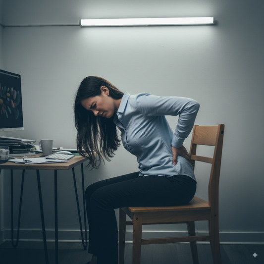vrouw met rugklachten door verkeerde werkhouding door verkeerde stoel