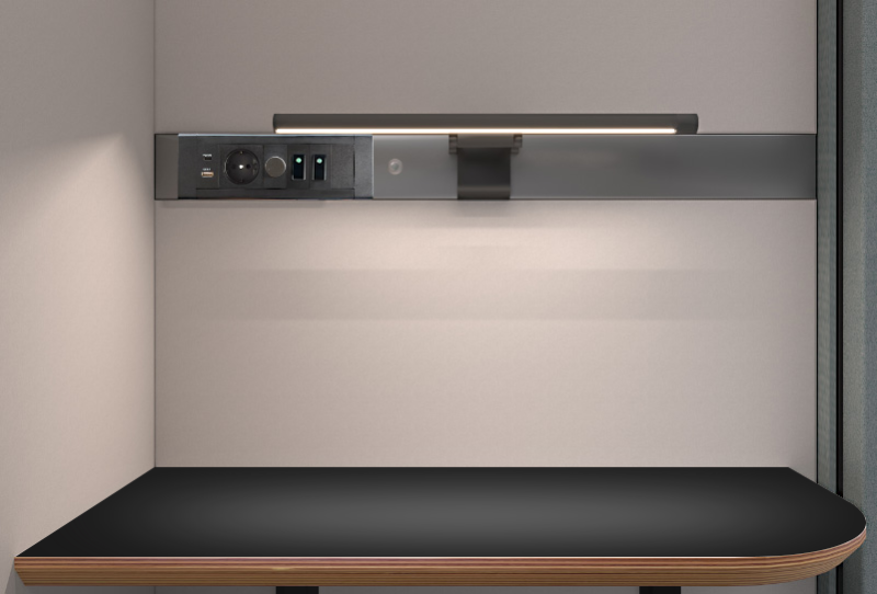 Akoestische POD waarbij binnenkant zichtbaar is, tafelblad, licht.