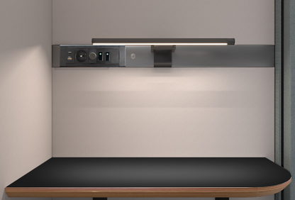 Akoestische POD waarbij binnenkant zichtbaar is, tafelblad, licht.