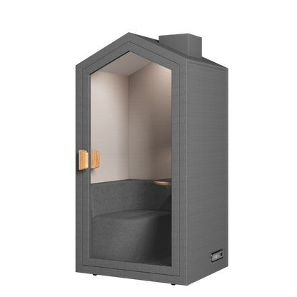 Akoestische POD in kleur grijs waarbij zijkant zichtbaar is. 