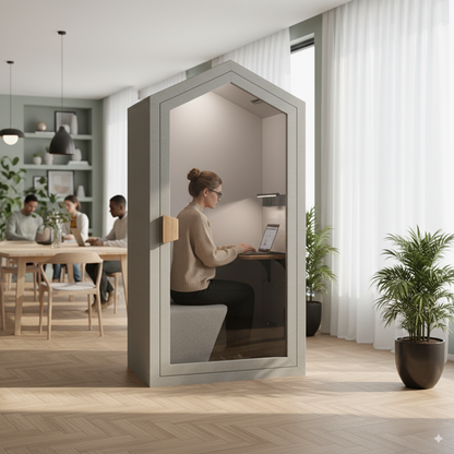 akoestische POD te zien bij iemand thuis in huis waarin een vrouw aan het werk is en op de achtergrond mensen aan tafel zitten.