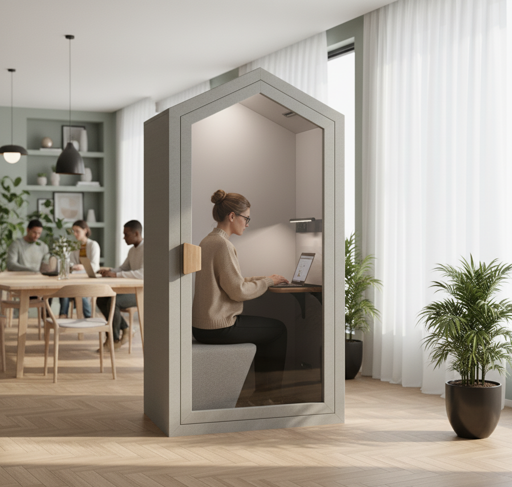 vrouw aan het werk in Cottage POD belcel op werk