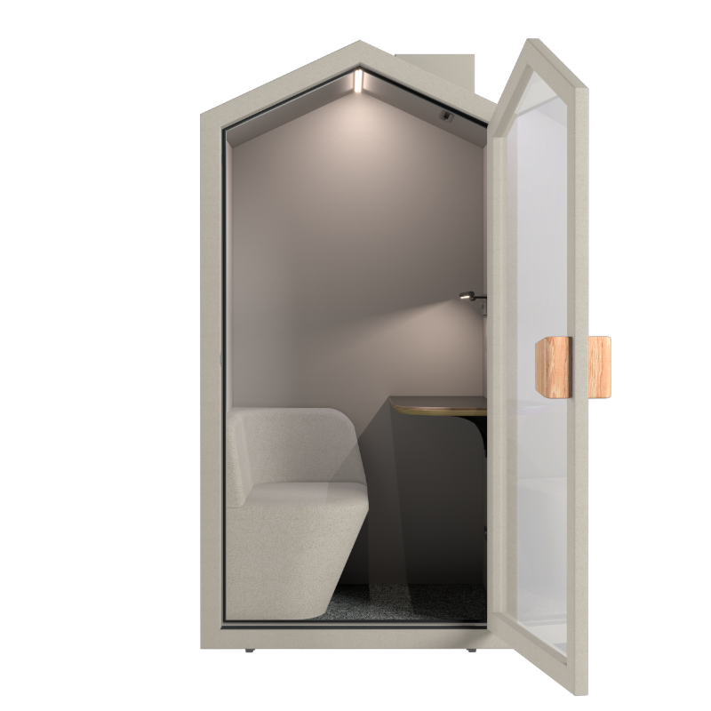 Akoestische POD met deur open waarbij de binnenkant zichtbaar is in kleur olijfgroen.