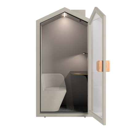 Akoestische POD met deur open waarbij de binnenkant zichtbaar is in kleur olijfgroen.