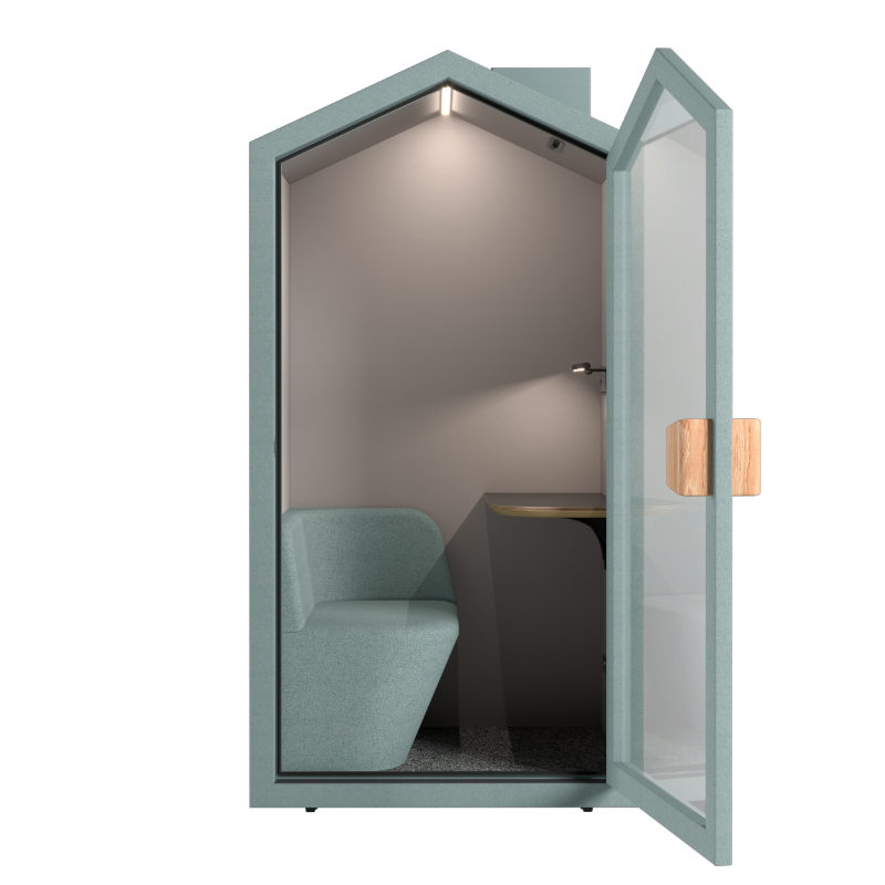 Akoestische POD voorkant zichtbaar met deur open.