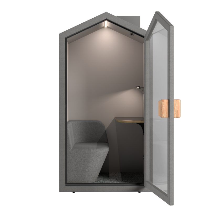 Akoestische POD waarbij deur open staat en binnenkant zichtbaar is in kleur grijs.