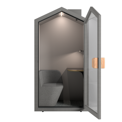 Akoestische POD waarbij deur open staat en binnenkant zichtbaar is in kleur grijs.