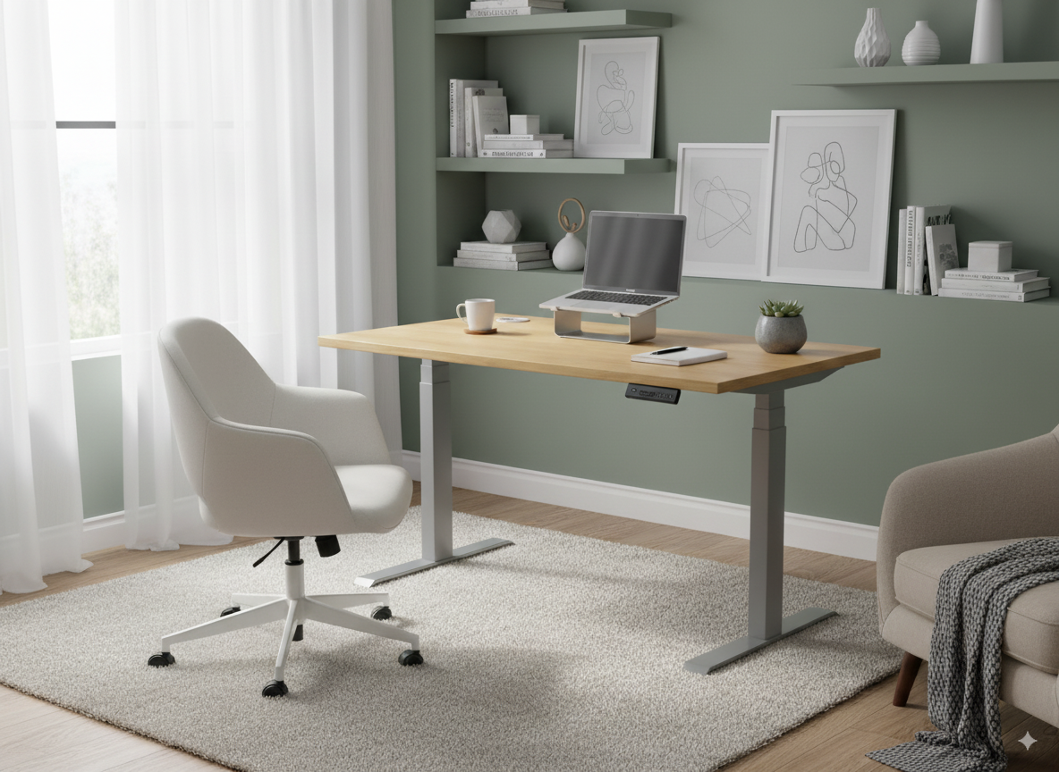 EUP prime bureau met zilverkleurige poten te zien in een thuiskantoor