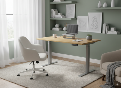 EUP prime bureau met zilverkleurige poten te zien in een thuiskantoor