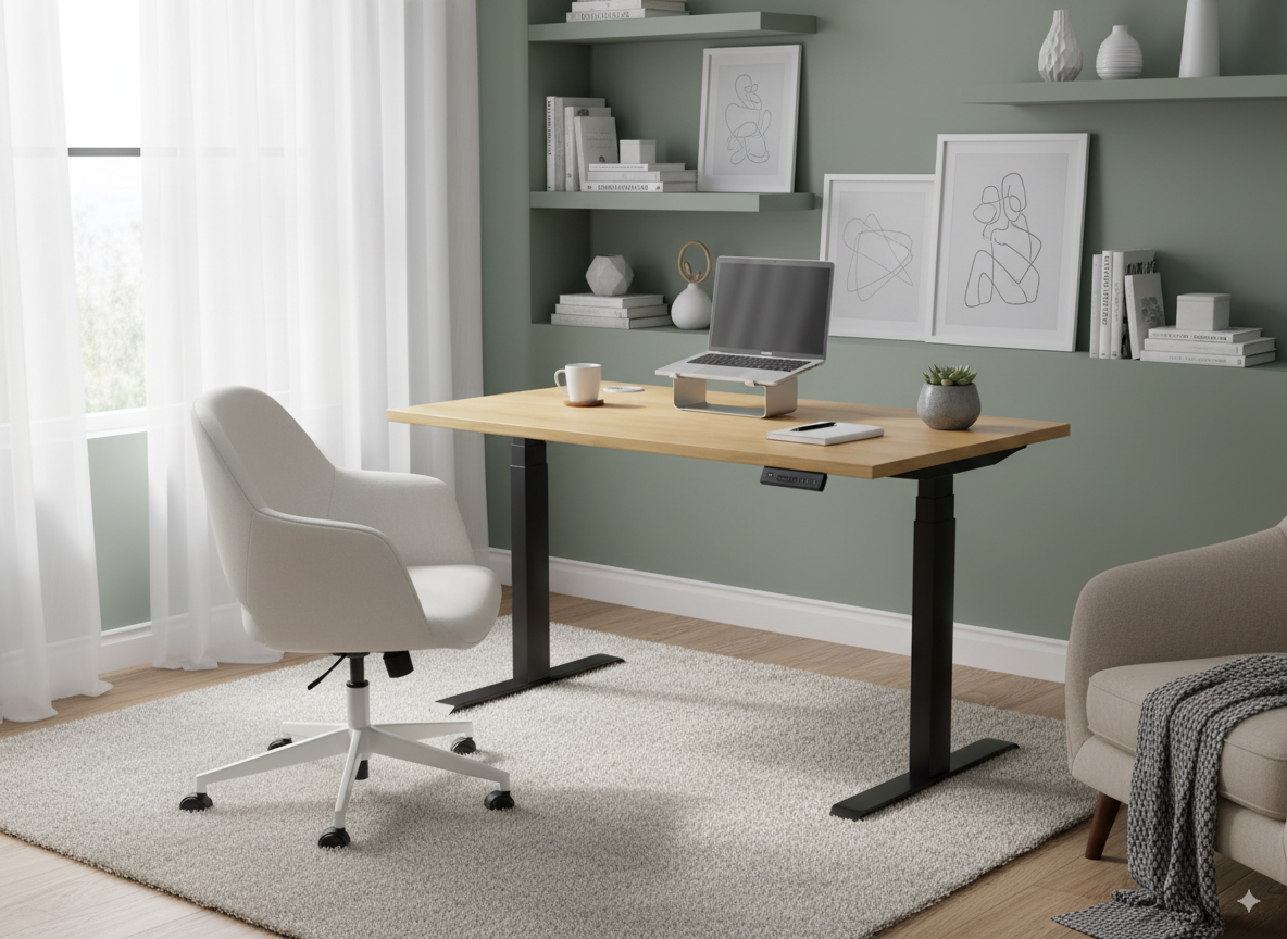 EUP prime bureau met zwarte poten te zien in een thuiskantoor