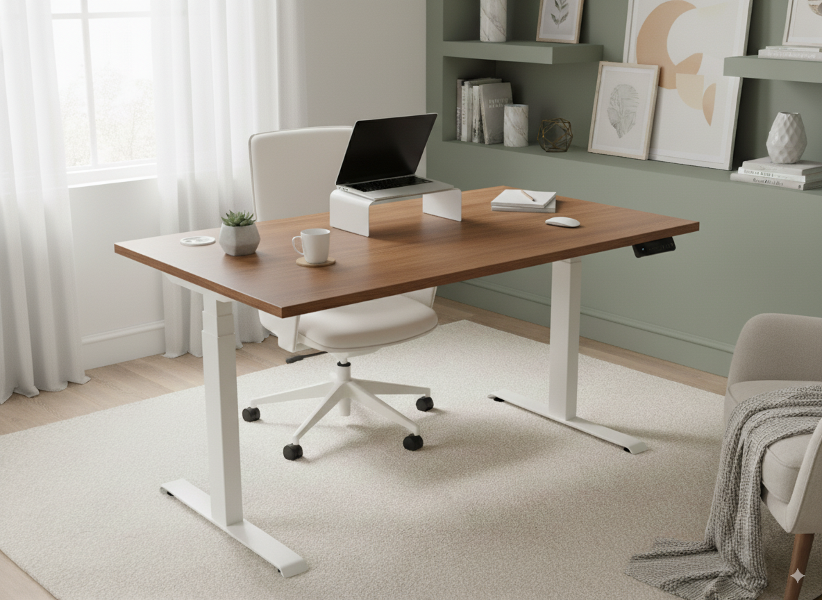 EUP prime bureau met een Dijon Walnut kleur blad te zien in een thuiskantoor