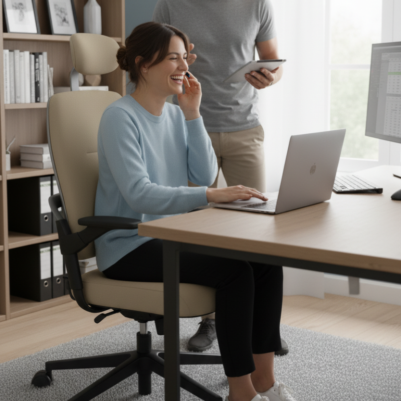 sfeerfoto xenium ergonomische bureaustoel beige variant waarin te zien is hoe vrouw aan het werk is in thuiskantoor
