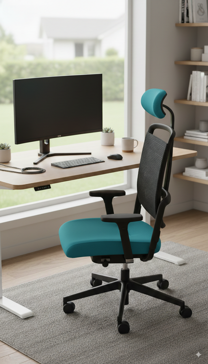 Xenium mesh bureaustoel in de kleur turquoise afgebeeld in een thuiskantoor