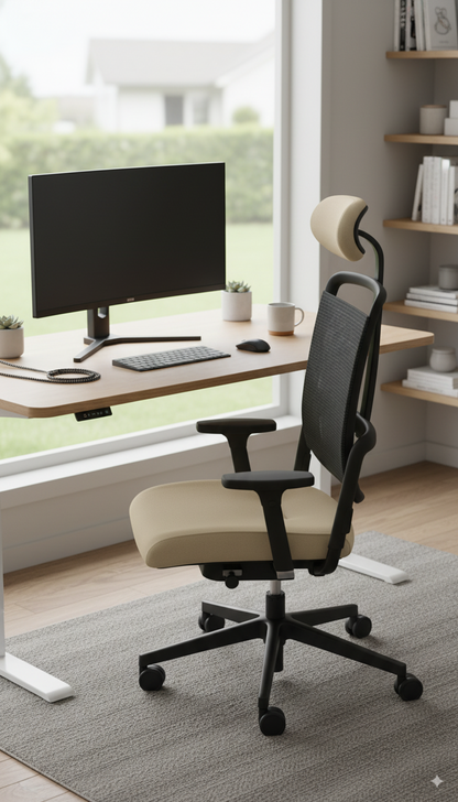 Xenium mesh bureaustoel in de kleur beige afgebeeld in een thuiskantoor