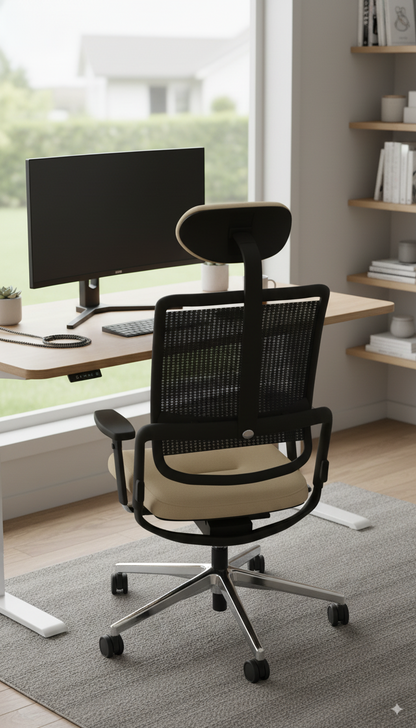 Xenium mesh bureaustoel in de kleur beige waarbij de achterkant goed te zien is afgebeeld in een thuiskantoor