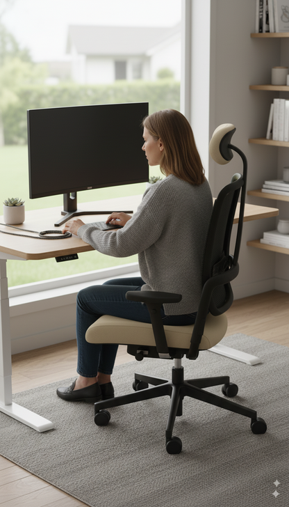 Xenium mesh bureaustoel in de kleur beige waar een vrouw op zit die aan het werk is in haar thuiskantoor.