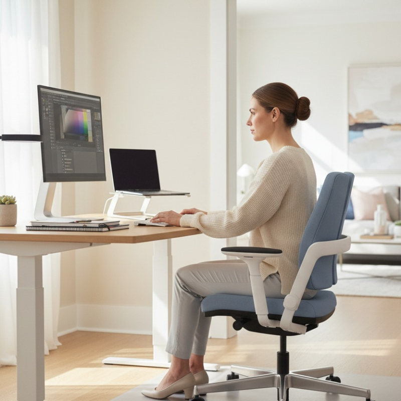 grijze bureaustoel xiliumduoback waarbij vrouw aan het werk is vanuit haar thuiskantoor