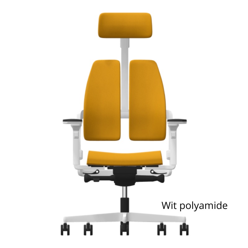 xilium duoback ergonomische bureaustoel geel vooraanzicht met wit polyamide kruisvoet