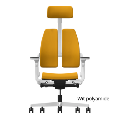 xilium duoback ergonomische bureaustoel geel vooraanzicht met wit polyamide kruisvoet