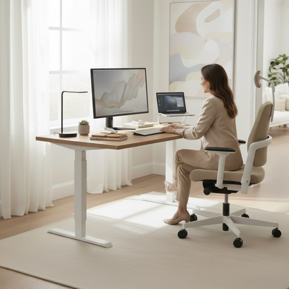 sfeerfoto xiliumduoback ergonomische bureaustoel beige waarbij vrouw aan het werk is vanuit haar thuiskantoor