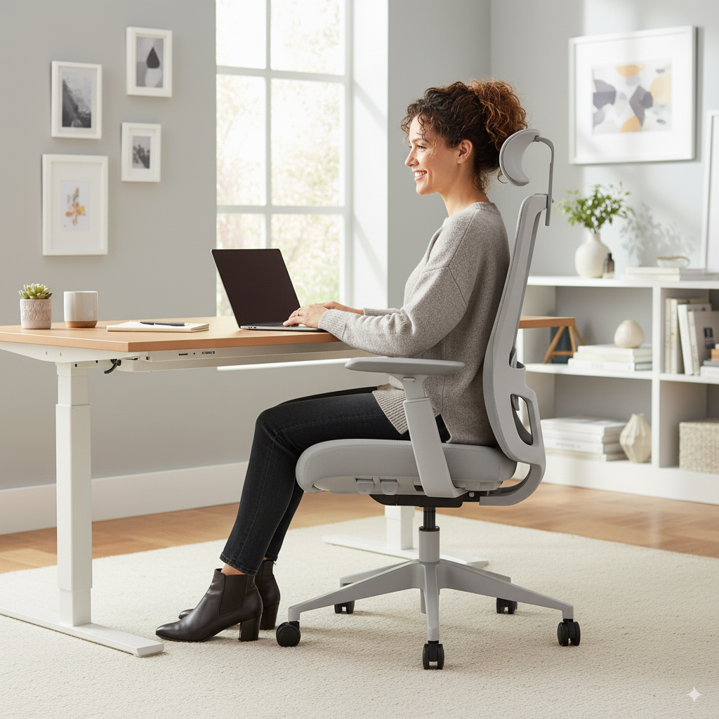 Vrouw aan het werk in thuiskantoor vanuit AriaLight lichtgrijze ergonomische bureaustoel