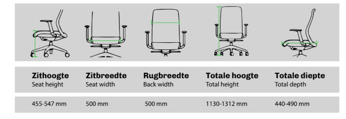 Belangrijke details Elysia bureaustoel wat betreft afmetingen.