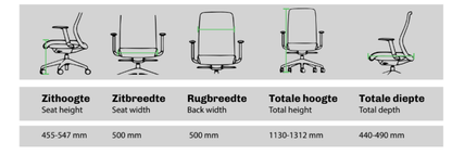 Belangrijke details Elysia bureaustoel wat betreft afmetingen.