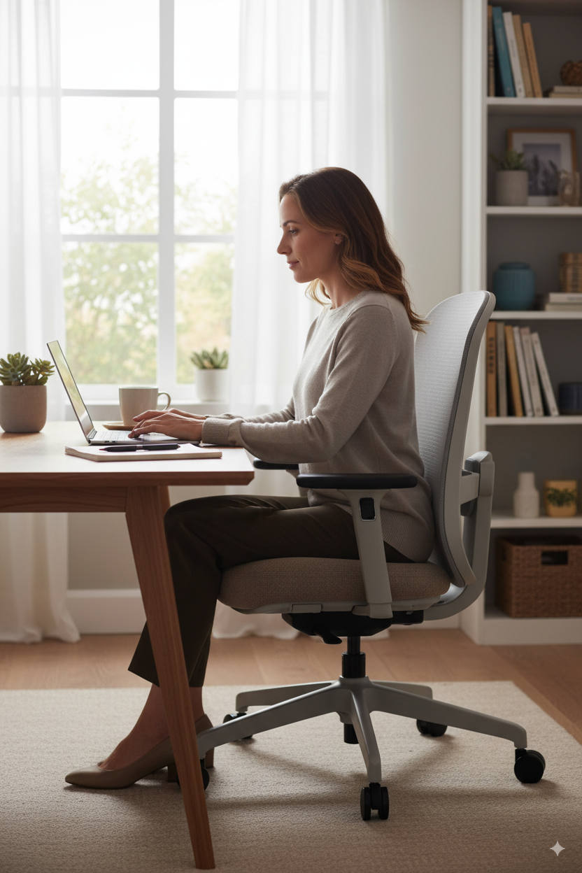 ergonomische bureaustoel nova waarbij te zien is dat een vrouw aan het werk is vanuit thuis