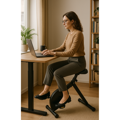 vrouw aan het werk in thuiskantoor op deskbike, realistische sfeerfoto.